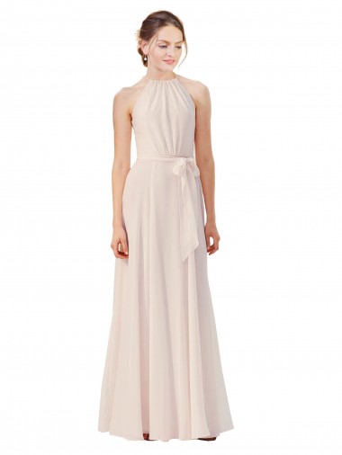 Wholesale Tie Neck Long Chiffon A-Line Bridesmaid Dress with Sheer Back
