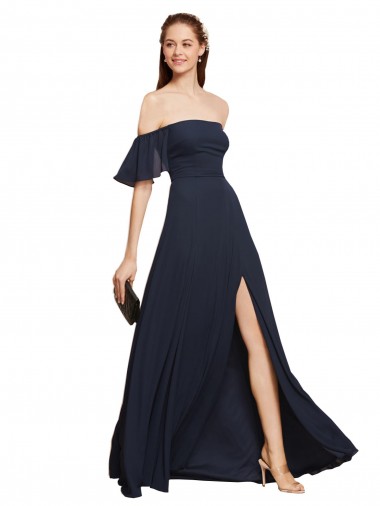 Wholesale Off the Shoulder Floaty Sleeves Chiffon Bridesmaid Dress / Prom Dress with High Slit
