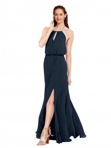 Wholesale Grecian Style Halter Chiffon Bridesmaid Dress with Keyhole and Slit