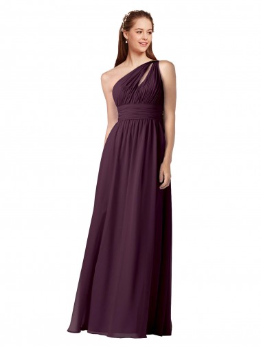 Wholesale One Shoulder Chiffon Bridesmaid Dress with Front Keyhole and Shirred Bodice