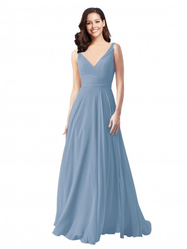 Wholesale Long Chiffon V-Neck and Self Sash Bridesmaid Dress with Shirred Criss Cross Bodice