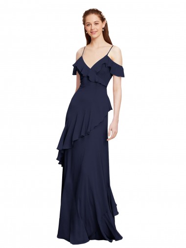Wholesale Cascading Ruffles Long Chiffon Bridesmaid Dress with Cold Shoulder
