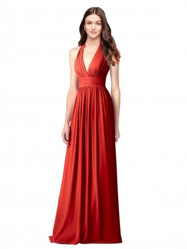 Wholesale Halter V-Neck A-Line Chiffon Bridesmaid Dress with Shirred Skirt