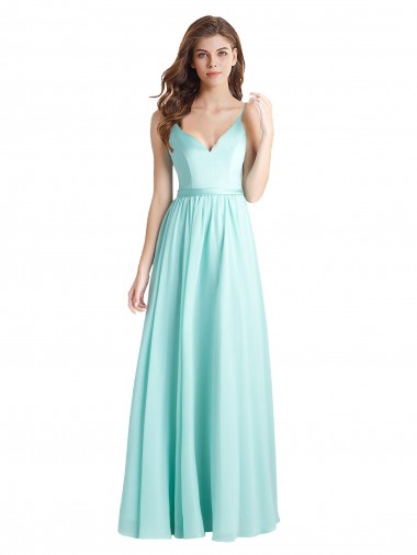 Wholesale Long V-Neck Chiffon Bridesmaid Dress with Satin Bodice