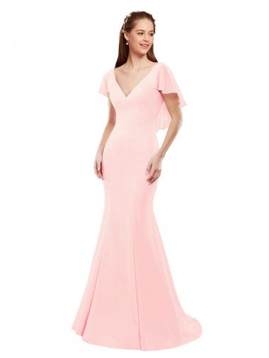 Wholesale Fit and Flare Chiffon Bridesmaid Dress with V-Neck and Flutter Sleeves