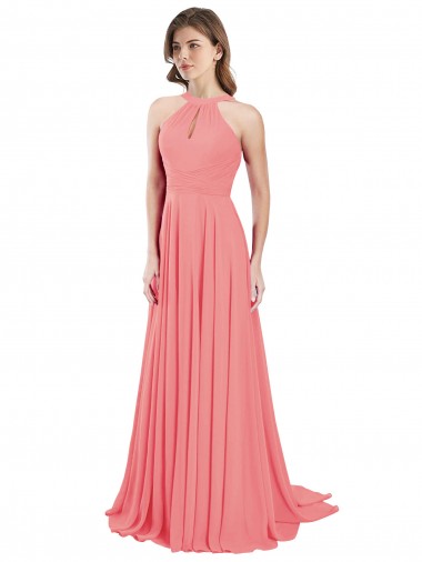 Wholesale Draped A-Line Chiffon Bridesmaid Dress with Halter Keyhole Neckline