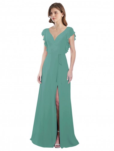 Wholesale Full Length Chiffon Bridesmaid Dress with Ruffled Cap Sleeves and Side Slit