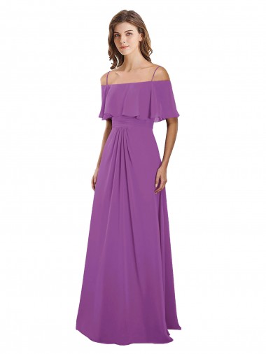 Wholesale Draped Off The Shoulder Chiffon Bridesmaid Dress with Spaghetti Straps and Ruffled Neckline