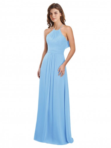 Wholesale Chiffon A-Line Bridesmaid Dress with Halter Neck and Ruffled Back Straps
