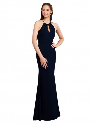 Wholesale Fluted Long Chiffon Bridesmaid Dress with Halter Neckline and Keyhole