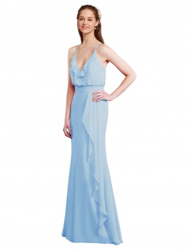 Wholesale Fluted Long Chiffon Bridesmaid Dress with Cascading Ruffles