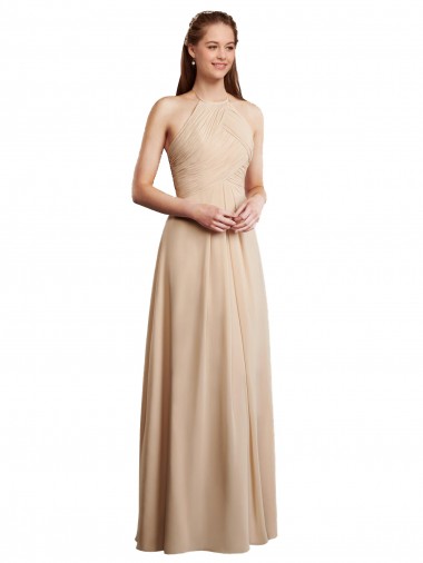 Wholesale Draped Halter Neck Long Chiffon Bridesmaid Dress with Tie Back