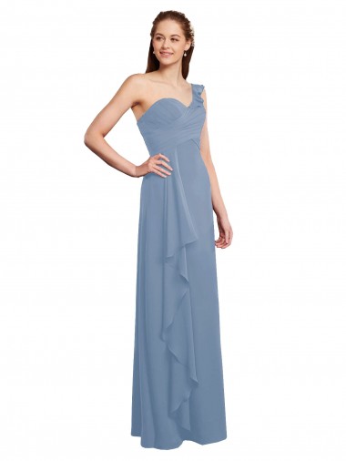 Wholesale Single Shoulder Strap Long Chiffon Bridesmaid Dress with Cascading Ruffles