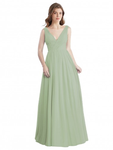 Wholesale V-Neck A-Line Long Chiffon Bridesmaid Dress with Draped Bodice