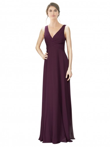 Wholesale Long Chiffon Bridesmaid Dress with Ruched Criss Cross V-Neck Bodice
