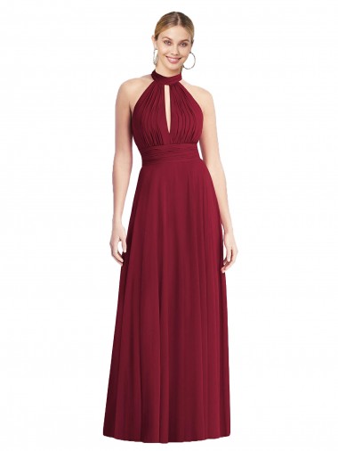 Wholesale High-Neck Open Back Shirred Halter Maxi Bridesmaid Dress