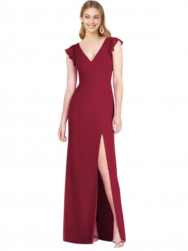 Wholesale Ruffled Sleeves Mermaid Chiffon Bridesmaid Dress with Front Slit
