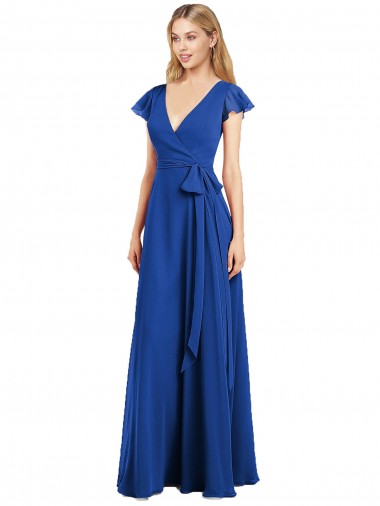 Wholesale Flutter Sleeves Faux Wrap Chiffon Bridesmaid Dress