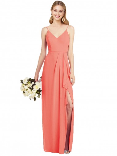 Wholesale Spaghetti Strap Draped Skirt Chiffon Bridesmaid Dress with Front Slit