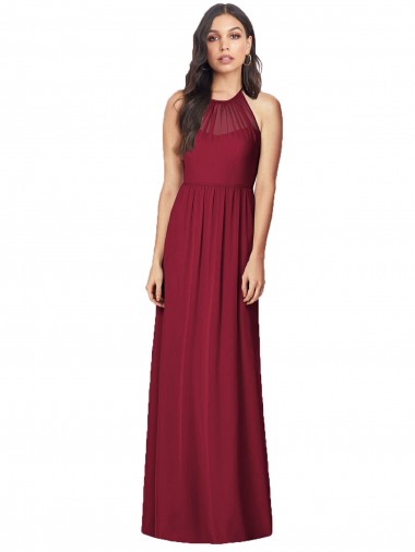 Wholesale Halter Neck Full-Length Shirred Chiffon Bridesmaid Dress