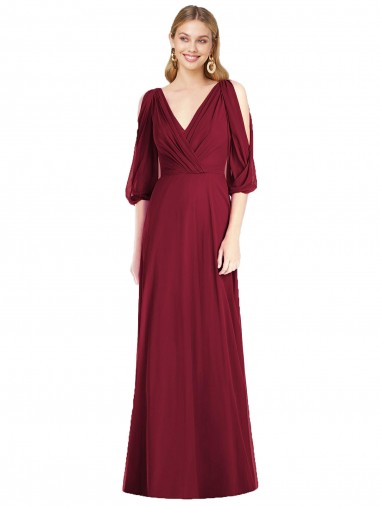 Wholesale Draped V-Neck Bell Sleeves V-Back Chiffon Bridesmaid Dress