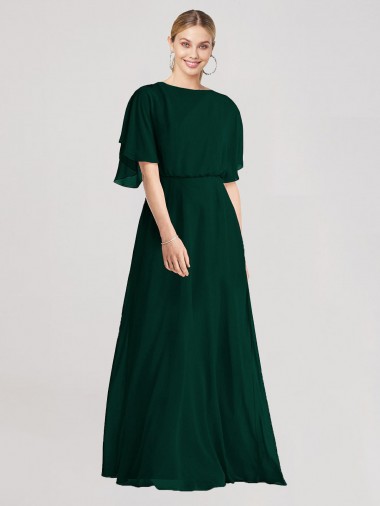 Wholesale Full-Length Flutter Sleeves Plunging V Back Chiffon Bridesmaid Dress