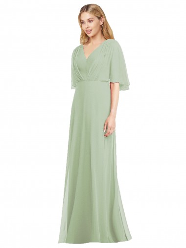 Wholesale Full Length Lux Chiffon Flutter Sleeves Bridesmaid Dress