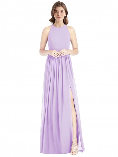 Wholesale Shirred Skirt Jewel Neck Halter Chiffon Bridesmaid Dress with Front Slit