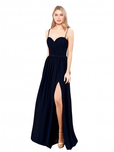 Wholesale Draped A-Line Chiffon Formal Bridesmaid Dress with Spaghetti Straps and High Slit