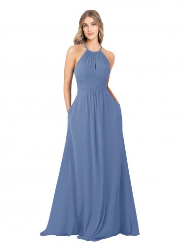 Wholesale Draped High Neck Keyhole Back Bridesmaid Dress with Front Slit