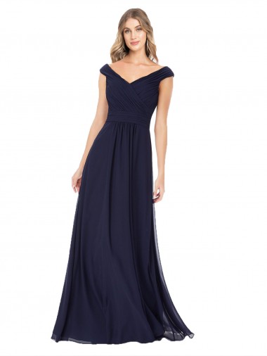 Wholesale Off the Shoulder Classic Chiffon Bridesmaid Dress with Draped Bodice