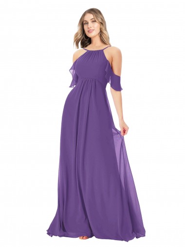 Wholesale Cold Shoulder Flutter Sleeves Chiffon Bridesmaid Dress