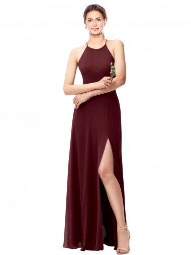 Wholesale Slim Long High Halter Neck Chiffon Bridesmaid Dress with High Side Slit
