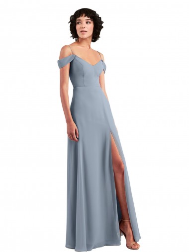 Wholesale Off the Shoulder Folded Sleeve Long Chiffon Bridesmaid Dress with High Side Slit