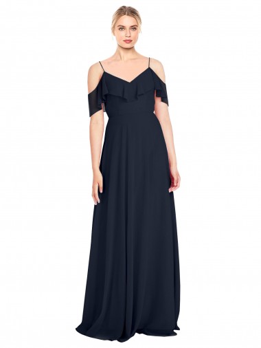 Wholesale Draped Sleeves Flounce Neckline Long Chiffon Bridesmaid Dress with Spaghetti Straps