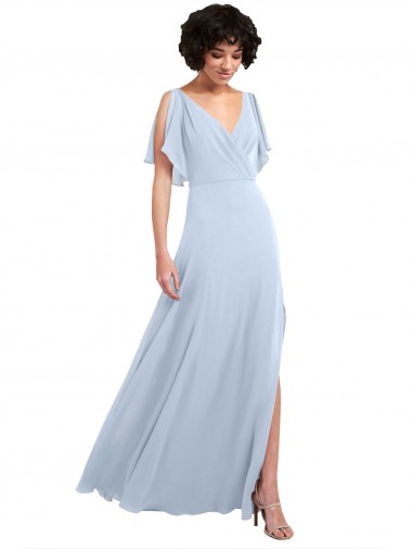 Wholesale Split Flutter Sleeves V-Neck Chiffon Bridesmaid Dress with Open V-Back