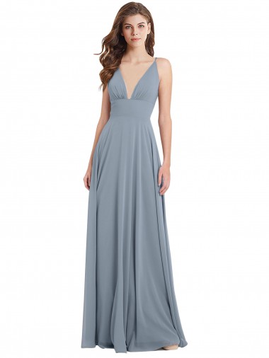 Wholesale Fitted V-Neckline Long Chiffon Bridesmaid Dress with V-Back
