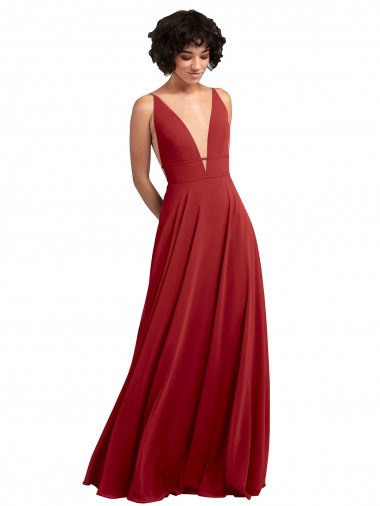 Wholesale Fitted Plunging Deep V-Neck Long Chiffon Bridesmaid Dress with V-Back