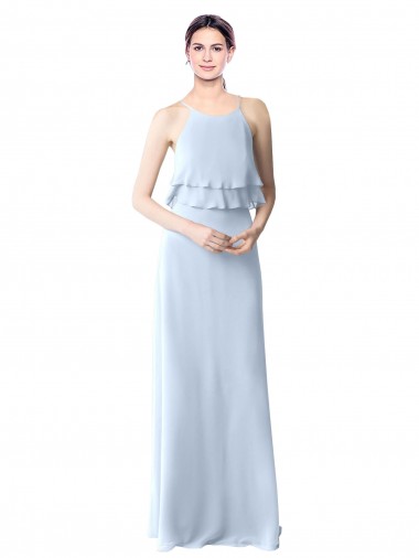 Wholesale High Narrow Neck Long Chiffon Bridesmaid Dress with Tiered Ruffles