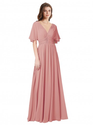 Wholesale Flutter Sleeves Plunging V-Neck Boho Chiffon Bridesmaid Dress