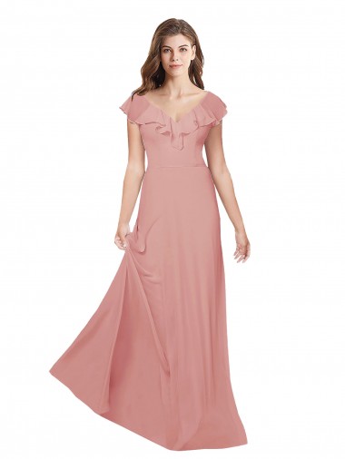 Wholesale Flounced V Neckline Flutter Sleeves Chiffon Bridesmaid Dress