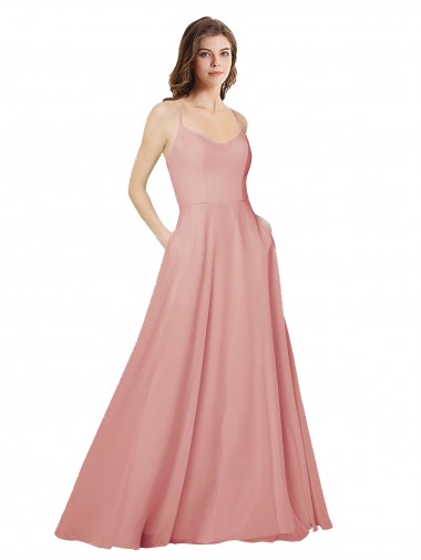 Wholesale Open Back Wide Tie Band Long Chiffon Bridesmaid Dress with Pockets