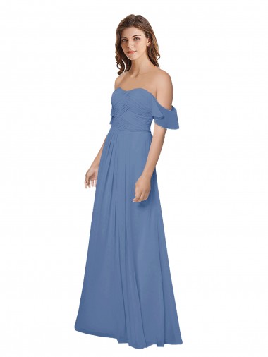 Wholesale Flutter Sleeves Scoop Neck Off the Shoulder Long Chiffon Bridesmaid Dress