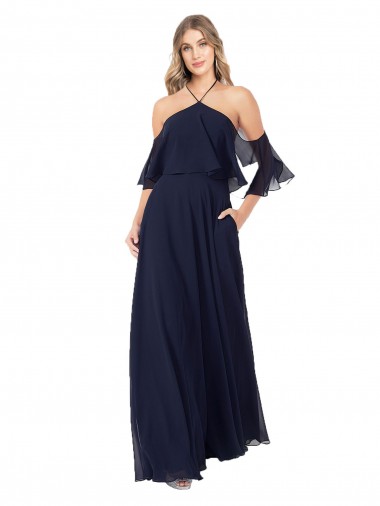 Wholesale Halter Neck Cold Shoulder Flutter Sleeves Bridesmaid Dress