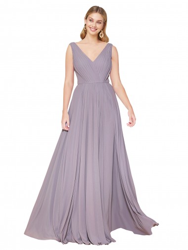 Wholesale Draped Floor Length High Neck V-Back Chiffon Bridesmaid Dress / Formal Prom Dress with Shirred Bodice