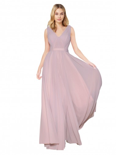 Wholesale Draped V-Neck Long Chiffon Bridesmaid Dress / Formal Prom Dress with Shirred Bodice