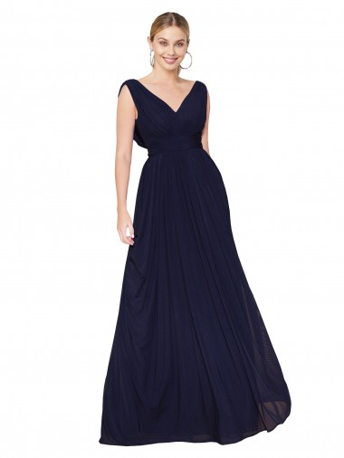 Wholesale Draped Long V-Neck Floor Length Chiffon Bridesmaid Dress / Formal Prom Dress