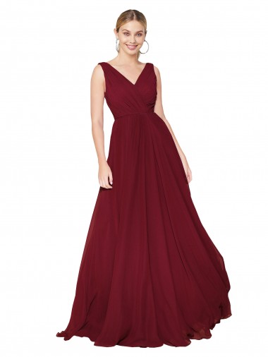 Wholesale Draped A-Line V-Neck Floor Length Chiffon Bridesmaid Dress / Formal Prom Dress