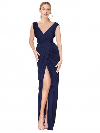 Wholesale Draped V-Neck Long Chiffon Bridesmaid Dress / Formal Prom Dress with Front Slit