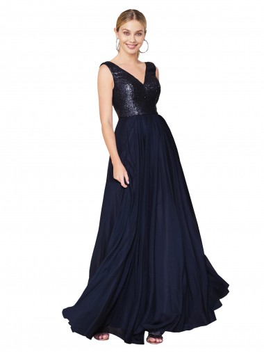 Wholesale High Neck V-Neck Long Chiffon Bridesmaid Dress / Prom Dress with Sequin Top